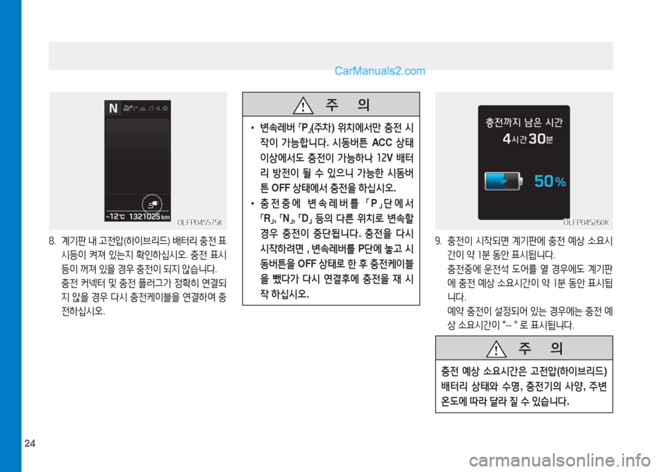 Hyundai Sonata Hybrid 2015  쏘나타 LF HEV/PHEV - 사용 설명서 (in Korean) 24
OLFP045575KOLFP045575K
놓.  계기판  내  고전압 (하이브리드 ) 배터리  충전  표
/d등이  켜져  있는6H  B