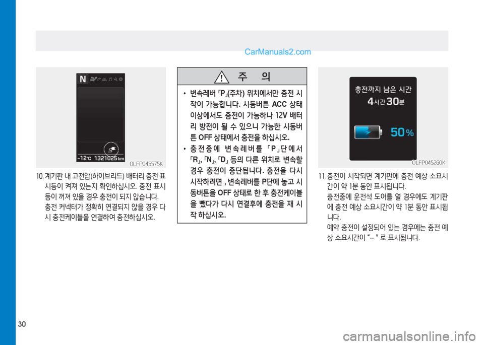 Hyundai Sonata Hybrid 2015  쏘나타 LF HEV/PHEV - 사용 설명서 (in Korean) 30
소0. 계기판  내  고전압 (하이브리드 ) 배터리  충전  표
/d등이  켜져  있는6H  B