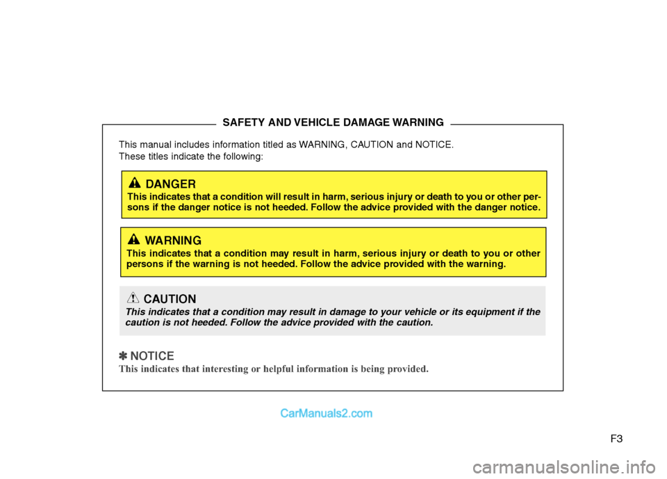 Hyundai Sonata Hybrid 2013  Owners Manual F3
This manual includes information titled as WARNING, CAUTION and NOTICE.
These titles indicate the following:
✽ ✽ 
 
NOTICE
This indicates that interesting or helpful information is being provid