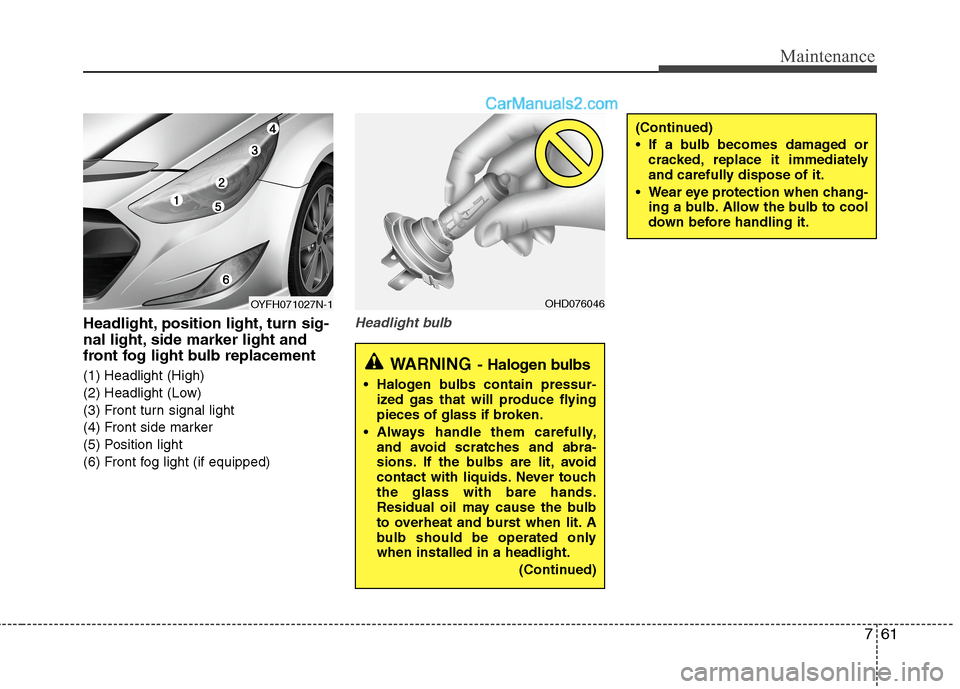 Hyundai Sonata Hybrid 2013  Owners Manual 761
Maintenance
Headlight, position light, turn sig-
nal light, side marker light and
front fog light bulb replacement
(1) Headlight (High)
(2) Headlight (Low)
(3) Front turn signal light
(4) Front si