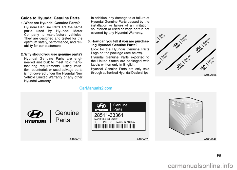 Hyundai Sonata Hybrid 2013  Owners Manual F5 Guide to Hyundai Genuine Parts
1. What are Hyundai Genuine Parts?
Hyundai Genuine Parts are the same
parts used by Hyundai Motor
Company to manufacture vehicles.
They are designed and tested for th