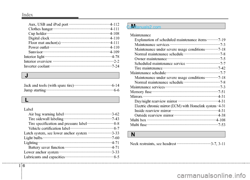 Hyundai Sonata Hybrid 2013  Owners Manual Index
6I
Aux, USB and iPod port ·········································4-112
Clothes hanger ································