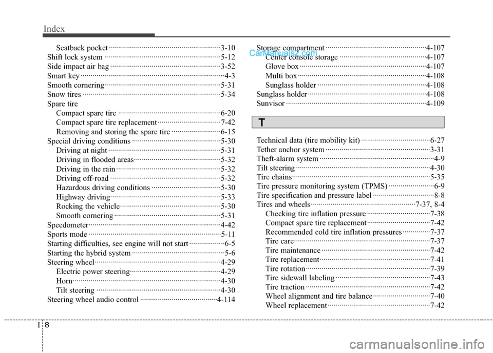 Hyundai Sonata Hybrid 2013  Owners Manual Index
8I
Seatback pocket·························································3-10
Shift lock system ···················