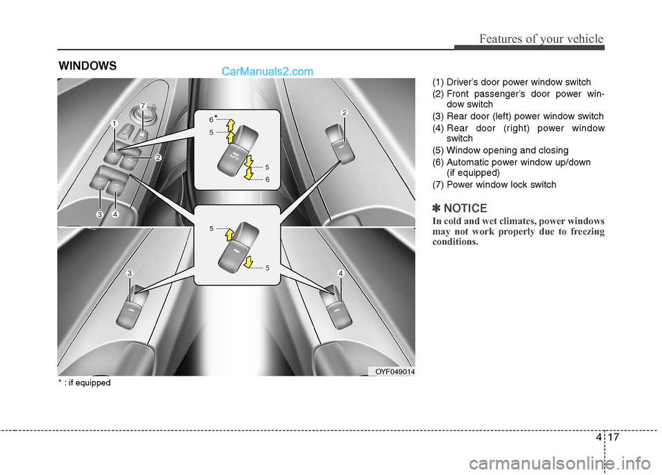 Hyundai Sonata Hybrid 2013  Owners Manual 417
Features of your vehicle
(1) Driver’s door power window switch
(2) Front passenger’s door power win-
dow switch
(3) Rear door (left) power window switch
(4) Rear door (right) power window
swit