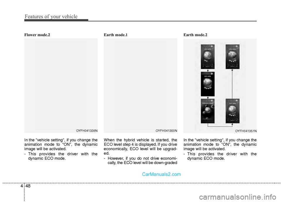 Hyundai Sonata Hybrid 2012  Owners Manual Features of your vehicle
48
4
Flower mode.2
In the "vehicle setting", if you change the
animation mode to "ON", the dynamic
image will be activated.
- This provides the driver with the
dynamic ECO mod