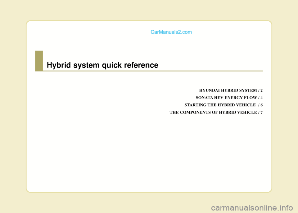 Hyundai Sonata Hybrid 2012  Owners Manual HYUNDAI HYBRID SYSTEM / 2
SONATA HEV ENERGY FLOW / 4
STARTING THE HYBRID VEHICLE  / 6
THE COMPONENTS OF HYBRID VEHICLE / 7
Hybrid system quick reference  