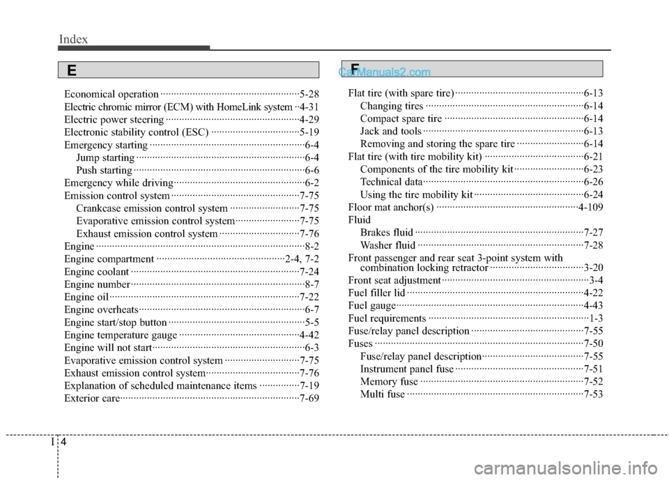 Hyundai Sonata Hybrid 2012  Owners Manual Index
4I
Economical operation ··················\
··················\
················5-28
Electric chromic mirror (ECM) with HomeLink system ··4-