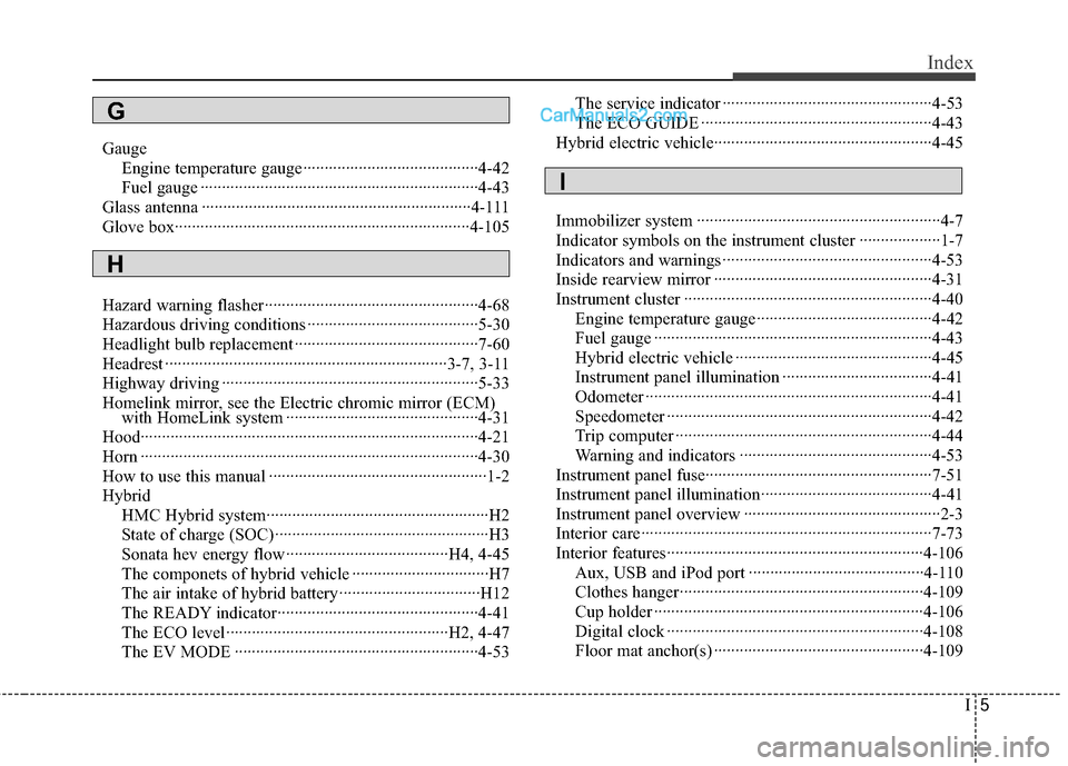 Hyundai Sonata Hybrid 2012  Owners Manual I5
Index
GaugeEngine temperature gauge··················\
··················\
·····4-42
Fuel gauge ··················\
···········