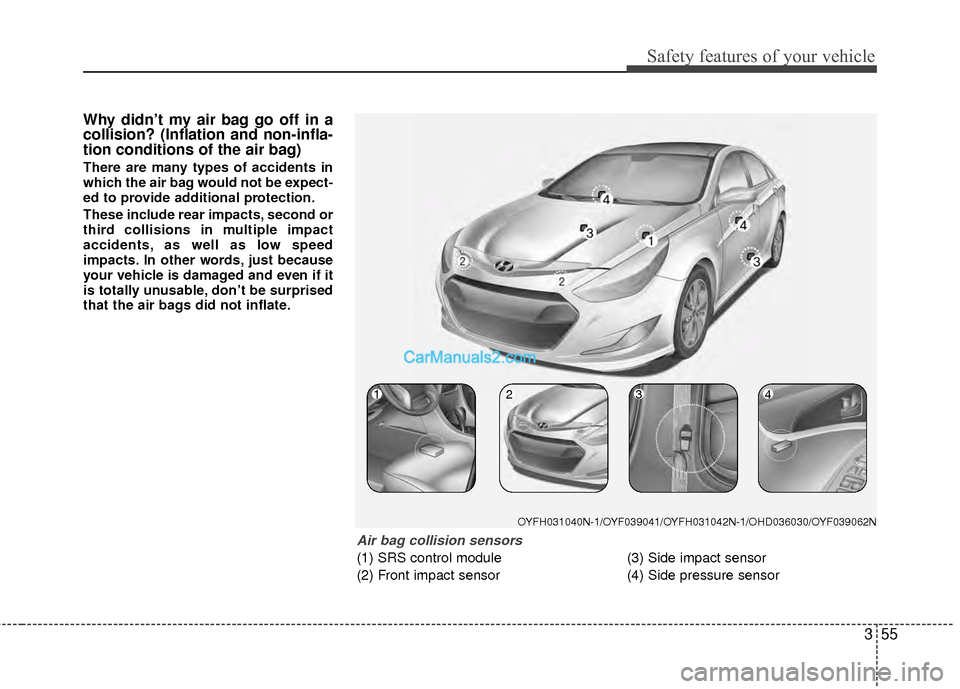 Hyundai Sonata Hybrid 2012  Owners Manual 355
Safety features of your vehicle
Why didn’t my air bag go off in a
collision? (Inflation and non-infla-
tion conditions of the air bag)
There are many types of accidents in
which the air bag woul