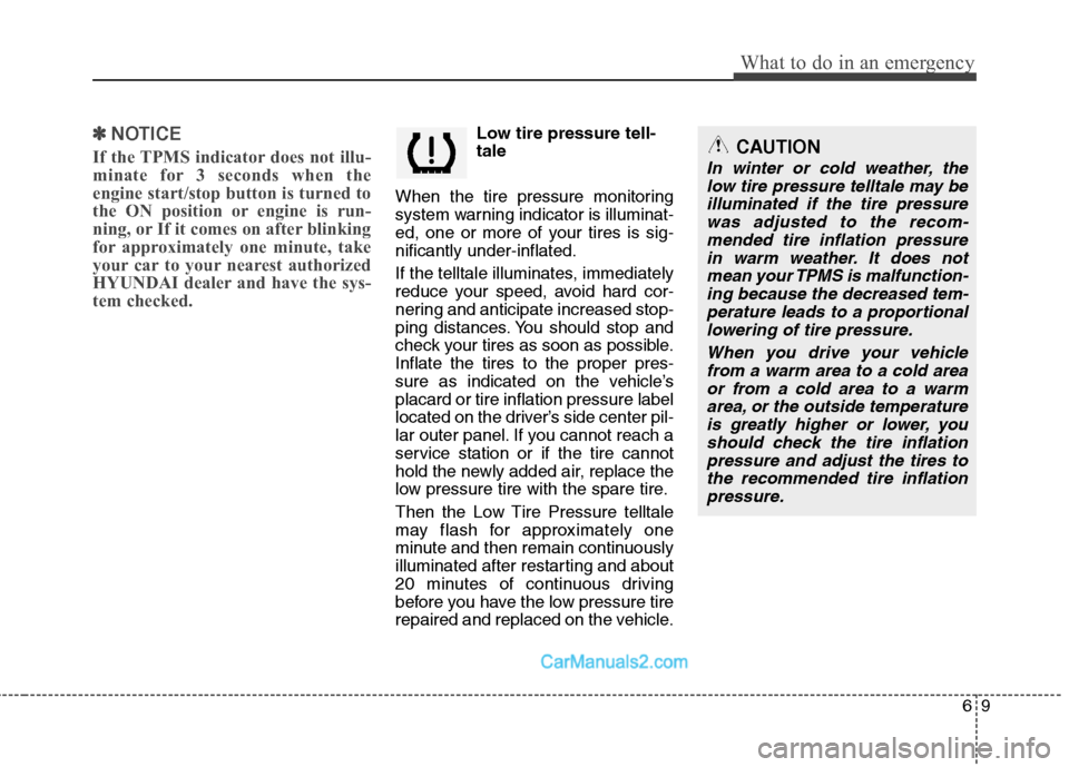 Hyundai Sonata Hybrid 2011 Owners Manual 69
What to do in an emergency
✽ ✽
NOTICE
If the TPMS indicator does not illu-
minate for 3 seconds when the
engine start/stop button is turned to
the ON position or engine is run-
ning, or If it c Hyundai Sonata Hybrid 2011 Owners Manual 69
What to do in an emergency
✽ ✽
NOTICE
If the TPMS indicator does not illu-
minate for 3 seconds when the
engine start/stop button is turned to
the ON position or engine is run-
ning, or If it c