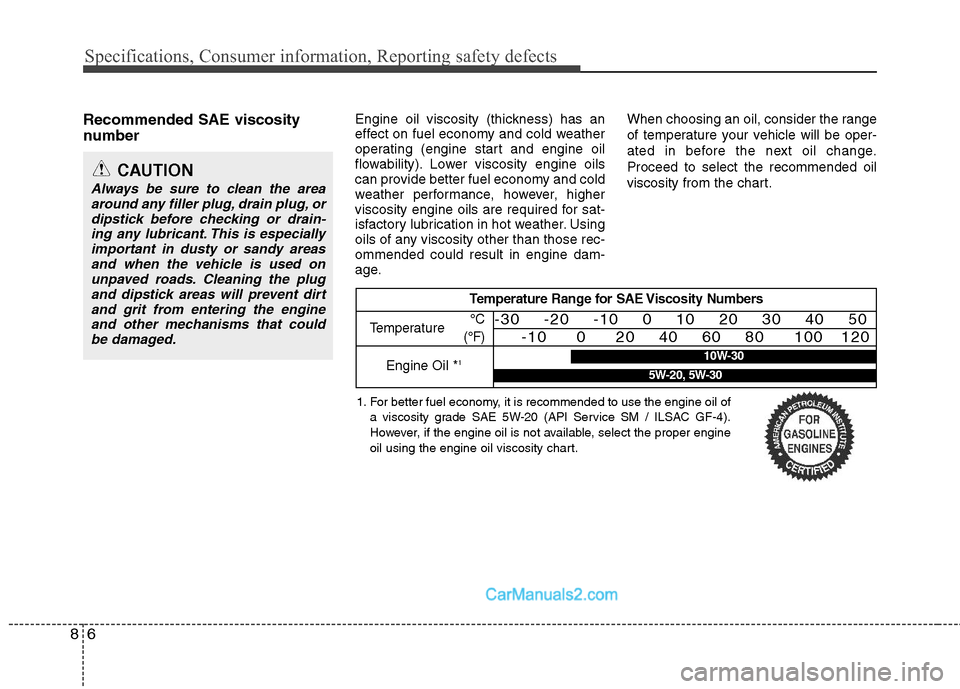 Hyundai Sonata Hybrid 2011 Owners Manual Specifications, Consumer information, Reporting safety defects
6 8
Recommended SAE viscosity
number Engine oil viscosity (thickness) has an
effect on fuel economy and cold weather
operating (engine Hyundai Sonata Hybrid 2011 Owners Manual Specifications, Consumer information, Reporting safety defects
6 8
Recommended SAE viscosity
number Engine oil viscosity (thickness) has an
effect on fuel economy and cold weather
operating (engine