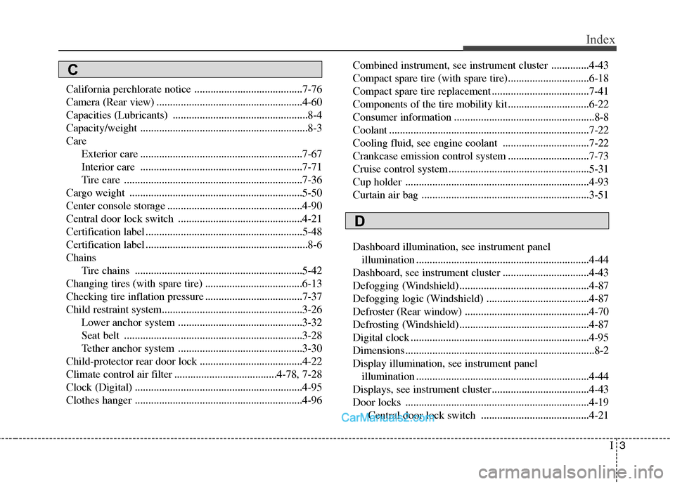 Hyundai Sonata Hybrid 2011 Owners Manual I3
Index
California perchlorate notice ........................................7-76
Camera (Rear view) ......................................................4-60
Capacities (Lubricants) .............. Hyundai Sonata Hybrid 2011 Owners Manual I3
Index
California perchlorate notice ........................................7-76
Camera (Rear view) ......................................................4-60
Capacities (Lubricants) ..............