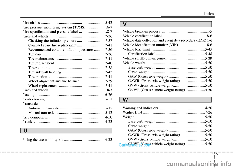 Hyundai Sonata Hybrid 2011 Owners Manual I9
Index
Tire chains ....................................................................5-42
Tire pressure monitoring system (TPMS) ......................6-7
Tire specification and pressure label ... Hyundai Sonata Hybrid 2011 Owners Manual I9
Index
Tire chains ....................................................................5-42
Tire pressure monitoring system (TPMS) ......................6-7
Tire specification and pressure label ...
