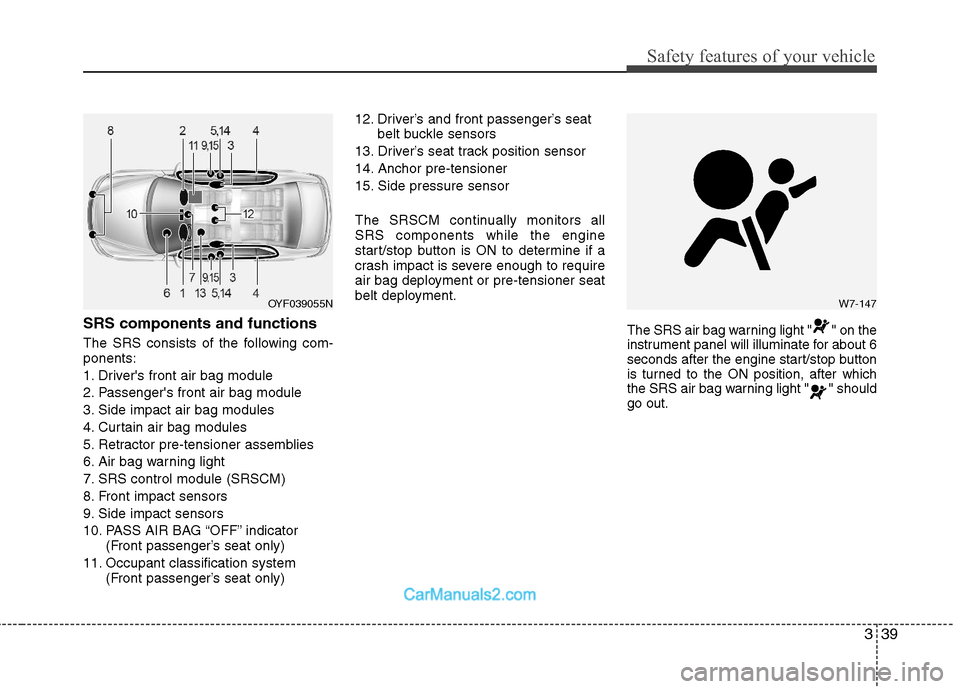Hyundai Sonata Hybrid 2011 Owners Manual 339
Safety features of your vehicle
SRS components and functions
The SRS consists of the following com-
ponents:
1. Drivers front air bag module
2. Passengers front air bag module
3. Side impact air Hyundai Sonata Hybrid 2011 Owners Manual 339
Safety features of your vehicle
SRS components and functions
The SRS consists of the following com-
ponents:
1. Drivers front air bag module
2. Passengers front air bag module
3. Side impact air