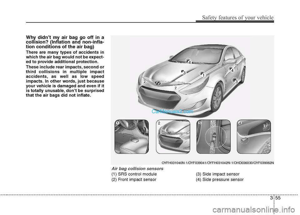 Hyundai Sonata Hybrid 2011  Owners Manual 355
Safety features of your vehicle
Why didn’t my air bag go off in a
collision? (Inflation and non-infla-
tion conditions of the air bag)
There are many types of accidents in
which the air bag woul