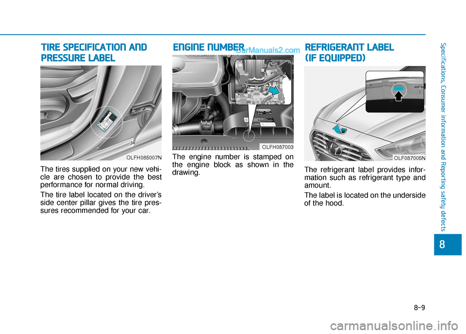 Hyundai Sonata Plug-in Hybrid 2018  Owners Manual 8-9
88
Specifications, Consumer information and Reporting safety defects
The tires supplied on your new vehi-
cle are chosen to provide the best
performance for normal driving.
The tire label located 