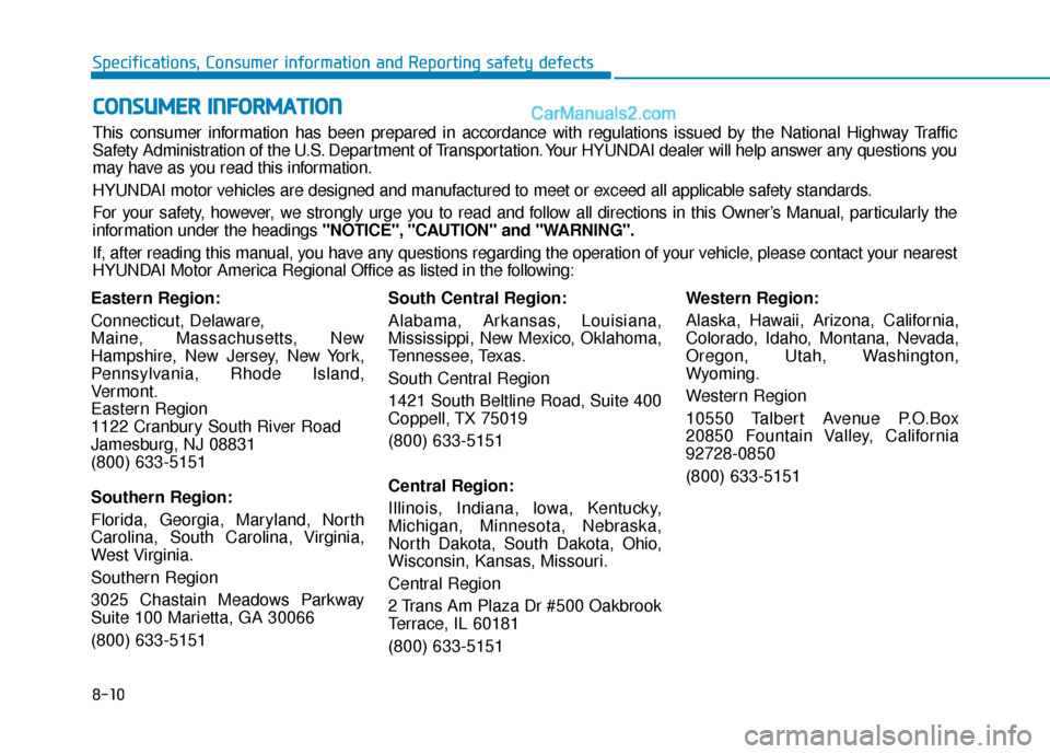 Hyundai Sonata Plug-in Hybrid 2018  Owners Manual 8-10
Specifications, Consumer information and Reporting safety defects
Eastern Region:
Connecticut, Delaware,
Maine, Massachusetts, New
Hampshire, New Jersey, New York,
Pennsylvania, Rhode Island,
Ver