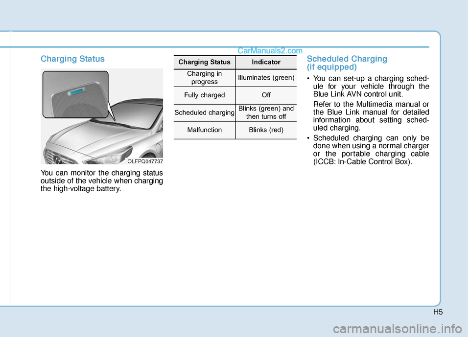 Hyundai Sonata Plug-in Hybrid 2018  Owners Manual H5
Charging Status 
You can monitor the charging status
outside of the vehicle when charging
the high-voltage battery.
Scheduled Charging 
(if equipped)
 You can set-up a charging sched-ule for your v