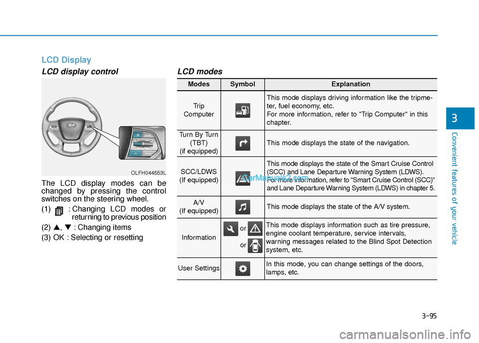 Hyundai Sonata Plug-in Hybrid 2017 Owners Manual 3-95
Convenient features of your vehicle
3
LCD Display
LCD display control
The LCD display modes can be
changed by pressing the control
switches on the steering wheel.
(1) : Changing LCD modes orretu Hyundai Sonata Plug-in Hybrid 2017 Owners Manual 3-95
Convenient features of your vehicle
3
LCD Display
LCD display control
The LCD display modes can be
changed by pressing the control
switches on the steering wheel.
(1) : Changing LCD modes orretu