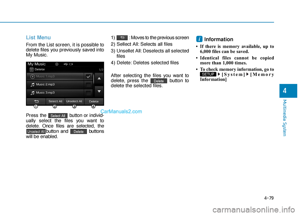 Hyundai Sonata Plug-in Hybrid 2017  Owners Manual 4-79
Multimedia System
4
List Menu
From the List screen, it is possible to
delete files you previously saved into
My Music.
Press the  button or individ-
ually select the files you want to
delete. Onc