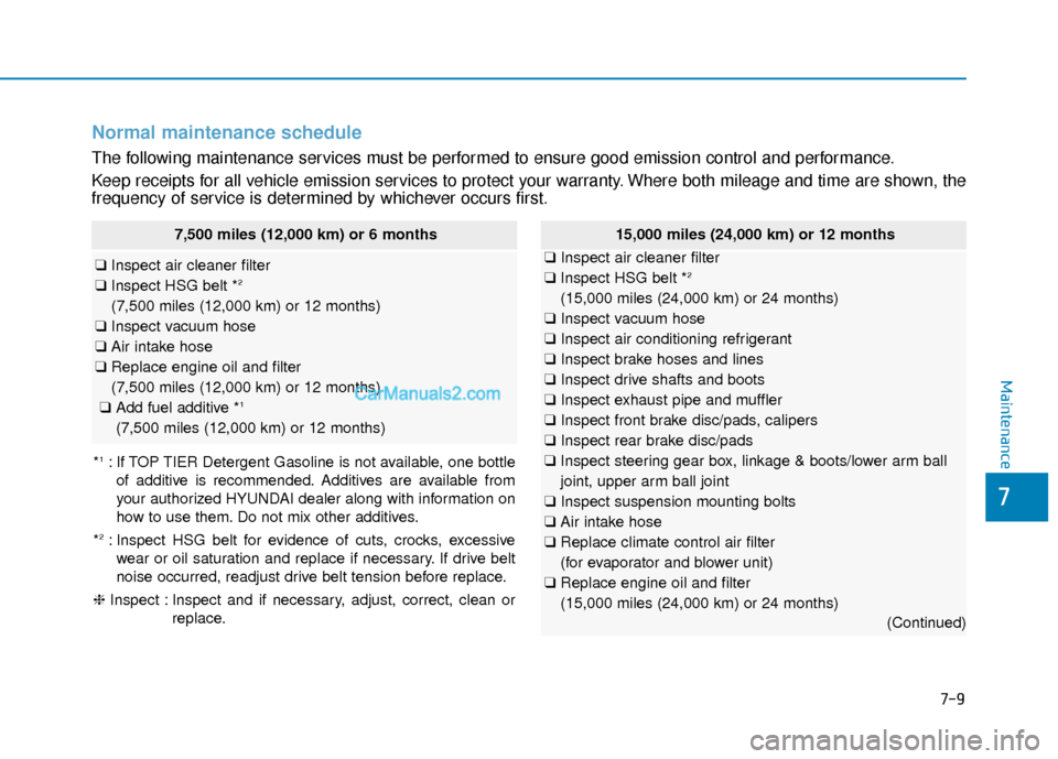 Hyundai Sonata Plug-in Hybrid 2017 Owners Manual Normal maintenance schedule
The following maintenance services must be performed to ensure good emission control and performance.
Keep receipts for all vehicle emission services to protect your warran Hyundai Sonata Plug-in Hybrid 2017 Owners Manual Normal maintenance schedule
The following maintenance services must be performed to ensure good emission control and performance.
Keep receipts for all vehicle emission services to protect your warran