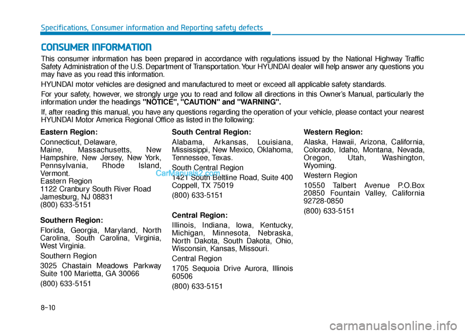 Hyundai Sonata Plug-in Hybrid 2017  Owners Manual 8-10
Specifications, Consumer information and Reporting safety defects
Eastern Region:
Connecticut, Delaware,
Maine, Massachusetts, New
Hampshire, New Jersey, New York,
Pennsylvania, Rhode Island,
Ver