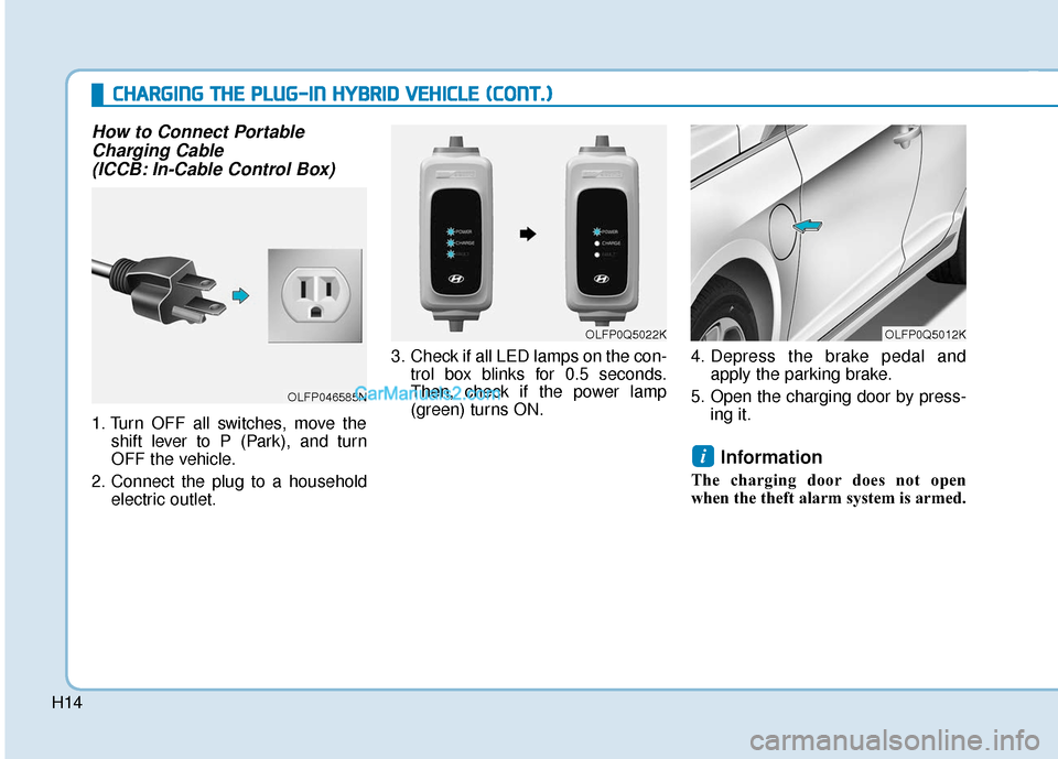 Hyundai Sonata Plug-in Hybrid 2017  Owners Manual H14
C
CH
H A
AR
RG
G I
IN
N G
G 
 T
T H
H E
E 
 P
P L
LU
U G
G-
-I
IN
N  
 H
H Y
Y B
BR
RI
ID
D  
 V
V E
EH
H I
IC
C L
LE
E  
 (
( C
C O
O N
NT
T.
.)
)
How to Connect Portable
Charging Cable (ICCB: In