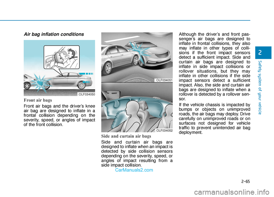 Hyundai Sonata Plug-in Hybrid 2017  Owners Manual 2-65
Safety system of your vehicle
2
Air bag inflation conditions 
Front air bags 
Front air bags and the driver’s knee
air bag are designed to inflate in a
frontal collision depending on the
severi