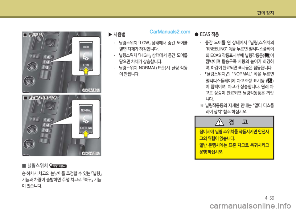 Hyundai Super Aero City 2016  슈퍼 에어로시티 - 사용 설명서 (in Korean) 편의 장치
4-59
 0닐링스위치 
승·하차시 차고의 높낮이를 조정할 수 있는 「닐링」 
기능과 차량이 출발하면 주행 차고로 「복귀」 기능
이 있습니다.

