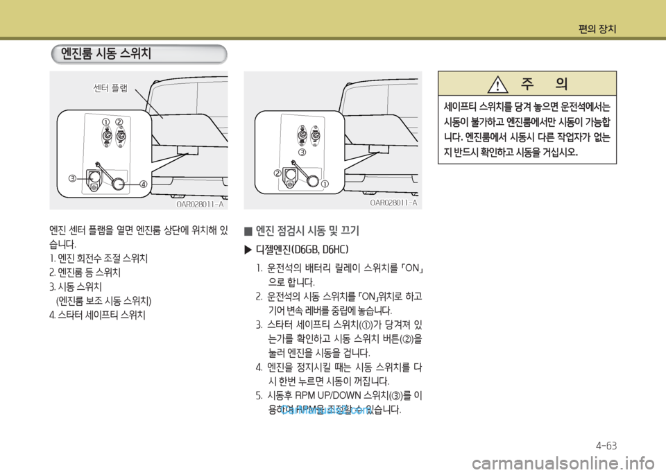 Hyundai Super Aero City 2016  슈퍼 에어로시티 - 사용 설명서 (in Korean) 편의 장치
4-63
엔진 센터 플랩을 열면 엔진룸 상단에 위치해 있
습니다.
1. 엔진 회전수 조절 스위치
2. 엔진룸 등 스위치
3.   시동 스위치
(엔진룸 보조 