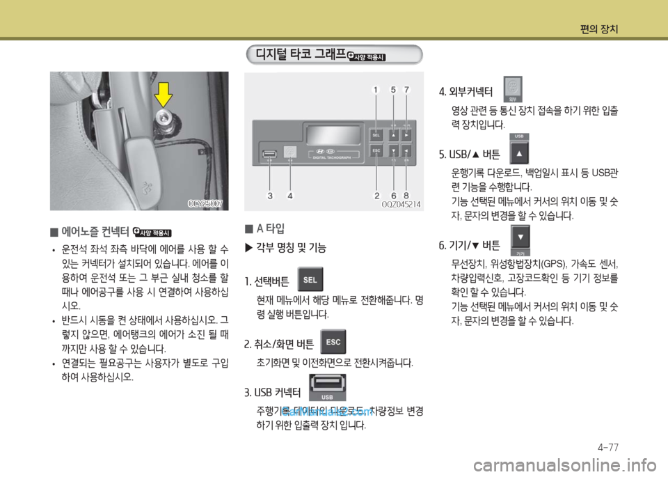 Hyundai Super Aero City 2016  슈퍼 에어로시티 - 사용 설명서 (in Korean) 편의 장치
4-77
 0에어노즐 컨넥터 
 • 운전석 좌석 좌측 바닥에 에어를 사용 할 수 
있는 커넥터가 설치되어 있습니다. 에어를 이
용하여 운전석 또는 