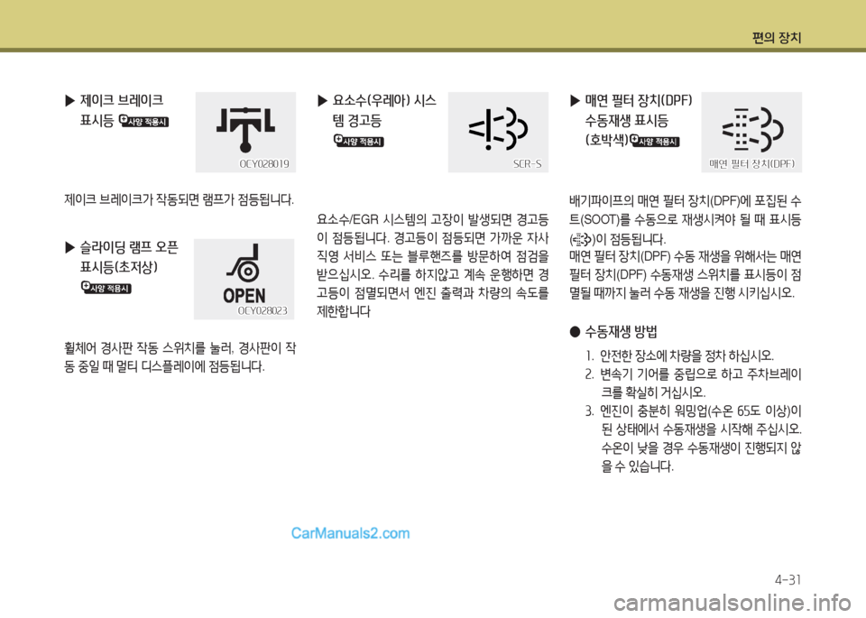 Hyundai Super Aero City 2016  슈퍼 에어로시티 - 사용 설명서 (in Korean) 편의 장치
4-31
 ▶제이크 브레이크 
표시등 
제이크 브레이크가 작동되면 램프가 점등됩니다.
 ▶ 슬라이딩 램프 오픈 
표시등(초저상) 
휠체어 경사판 
