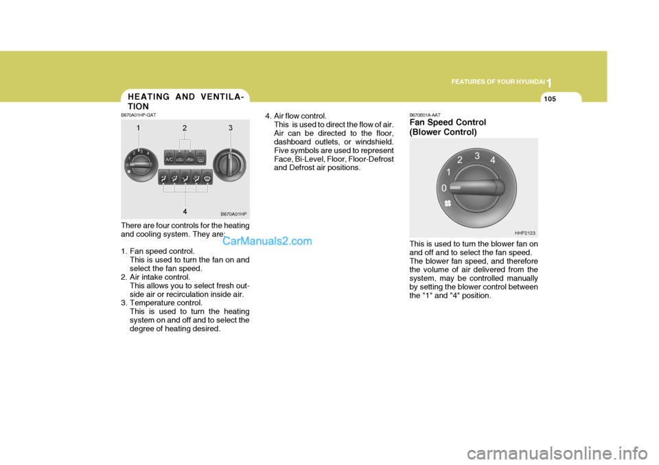 Hyundai Terracan 2007  Owners Manual 1
FEATURES OF YOUR HYUNDAI
105HEATING AND VENTILA- TION
B670A01HP-GAT There are four controls for the heating and cooling system. They are: 
1. Fan speed control.
This is used to turn the fan on and s
