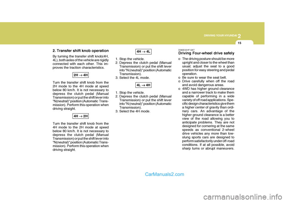 Hyundai Terracan 2007 Owners Manual 2
DRIVING YOUR HYUNDAI
15
2. Transfer shift knob operation By turning the transfer shift knob(4H, 4L), both axles of the vehicle are rigidlyconnected with each other. This im- proves the traction cha Hyundai Terracan 2007 Owners Manual 2
DRIVING YOUR HYUNDAI
15
2. Transfer shift knob operation By turning the transfer shift knob(4H, 4L), both axles of the vehicle are rigidlyconnected with each other. This im- proves the traction cha