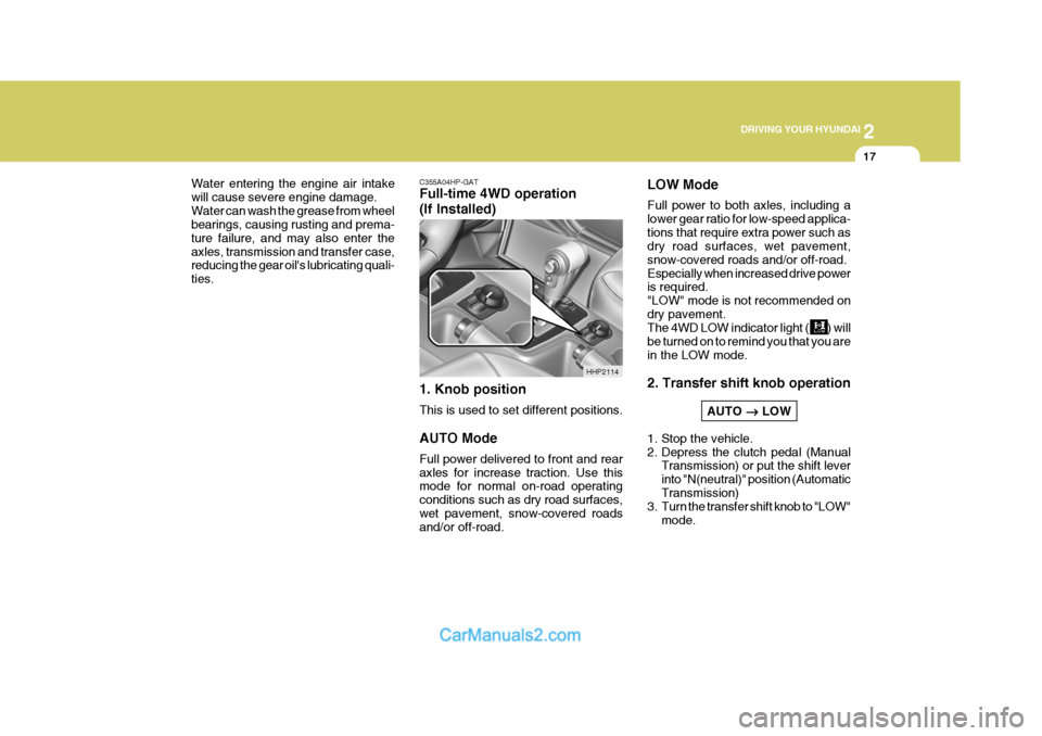 Hyundai Terracan 2007 Owners Manual 2
DRIVING YOUR HYUNDAI
17
C355A04HP-GAT Full-time 4WD operation (If Installed) 1. Knob position This is used to set different positions. AUTO Mode Full power delivered to front and rear axles for inc Hyundai Terracan 2007 Owners Manual 2
DRIVING YOUR HYUNDAI
17
C355A04HP-GAT Full-time 4WD operation (If Installed) 1. Knob position This is used to set different positions. AUTO Mode Full power delivered to front and rear axles for inc