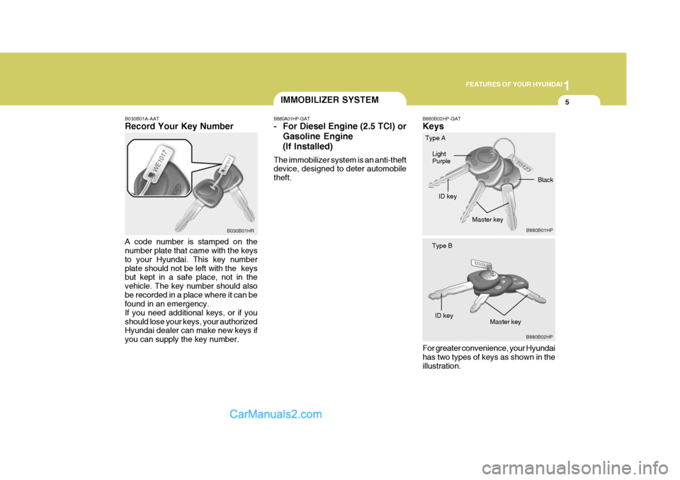 Hyundai Terracan 2007  Owners Manual 1
FEATURES OF YOUR HYUNDAI
5IMMOBILIZER SYSTEM
B030B01A-AAT Record Your Key Number A code number is stamped on the number plate that came with the keys to your Hyundai. This key numberplate should not