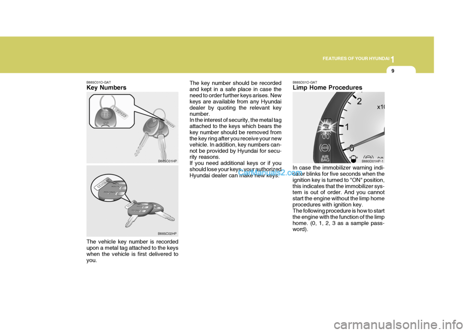 Hyundai Terracan 2007  Owners Manual 1
FEATURES OF YOUR HYUNDAI
9
B885C01O-GAT Key Numbers B885D01O-GATLimp Home Procedures
In case the immobilizer warning indi- cator blinks for five seconds when the ignition key is turned to "ON" posit