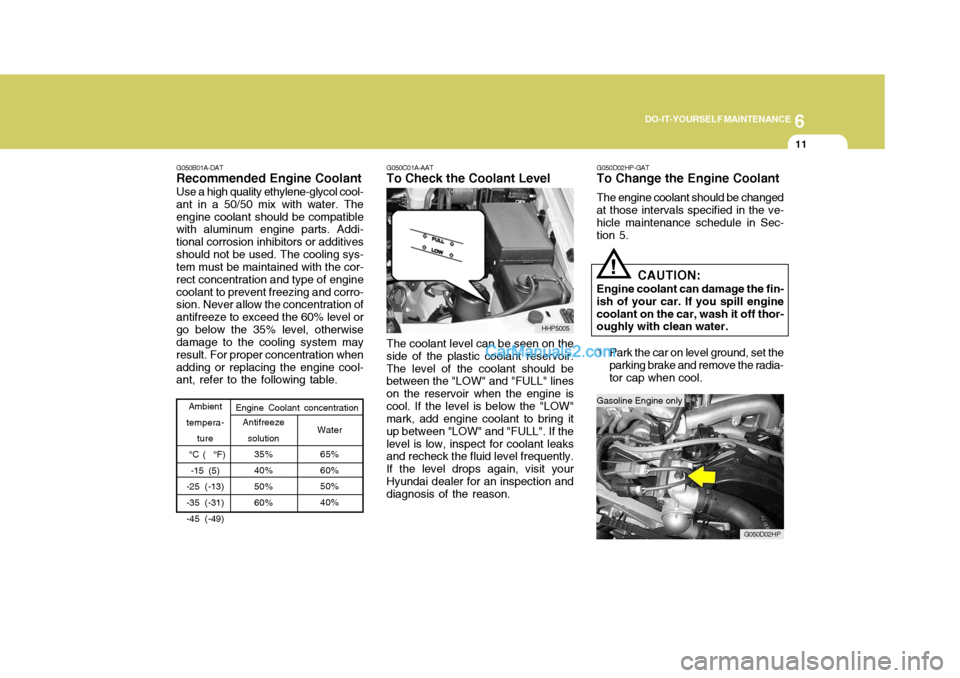 Hyundai Terracan 2007  Owners Manual 6
DO-IT-YOURSELF MAINTENANCE
11
!
Ambient
tempera-
ture
 °C (  °F)
-15 (5)
-25 (-13) -35 (-31) -45 (-49) Engine Coolant concentration
Water
65% 60% 50% 40%
Antifreeze solution 35% 40% 50% 60%
G050C0
