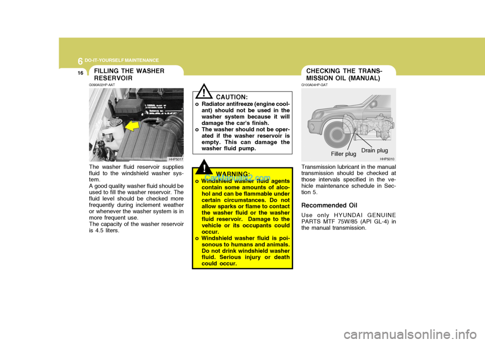 Hyundai Terracan 2007  Owners Manual 6 DO-IT-YOURSELF MAINTENANCE
16
!
CHECKING THE TRANS- MISSION OIL (MANUAL)FILLING THE WASHER RESERVOIR
CAUTION:
o Radiator antifreeze (engine cool- ant) should not be used in the washer system because