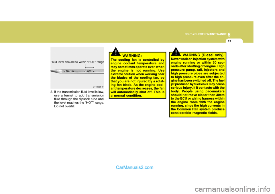 Hyundai Terracan 2007  Owners Manual 6
DO-IT-YOURSELF MAINTENANCE
19
Fluid level should be within "HOT" range
3. If the transmission fluid level is low, use a funnel to add transmission fluid through the dipstick tube until the level rea