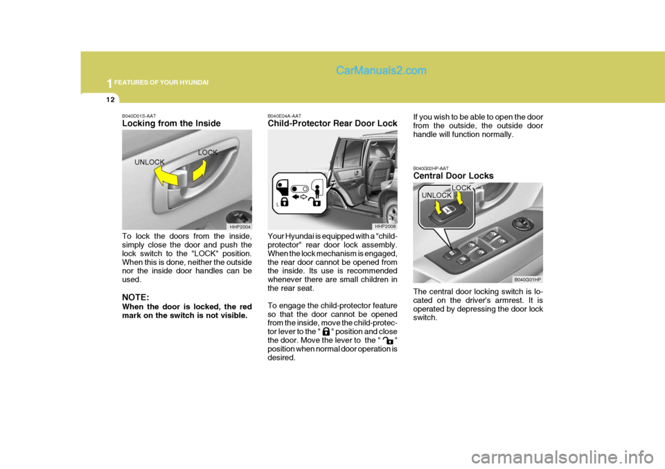 Hyundai Terracan 2007 Owners Manual 1FEATURES OF YOUR HYUNDAI
12
B040D01S-AAT Locking from the Inside To lock the doors from the inside, simply close the door and push the lock switch to the "LOCK" position.When this is done, neither th Hyundai Terracan 2007 Owners Manual 1FEATURES OF YOUR HYUNDAI
12
B040D01S-AAT Locking from the Inside To lock the doors from the inside, simply close the door and push the lock switch to the "LOCK" position.When this is done, neither th