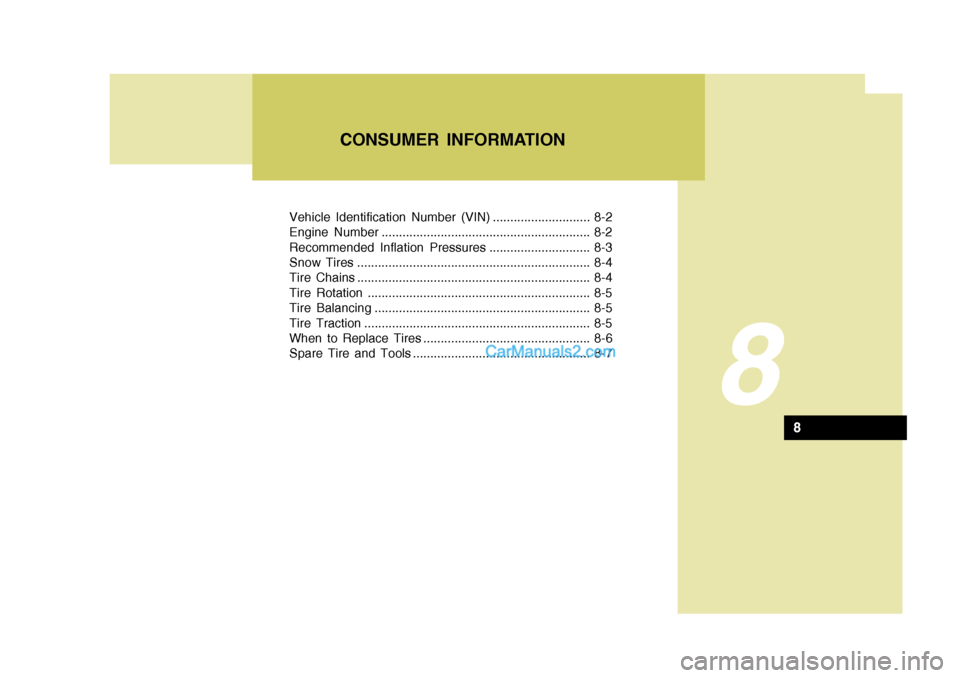 Hyundai Terracan 2007  Owners Manual Vehicle Identification Number (VIN) ............................ 8-2 
Engine Number ............................................................ 8-2
Recommended Inflation Pressures ...................