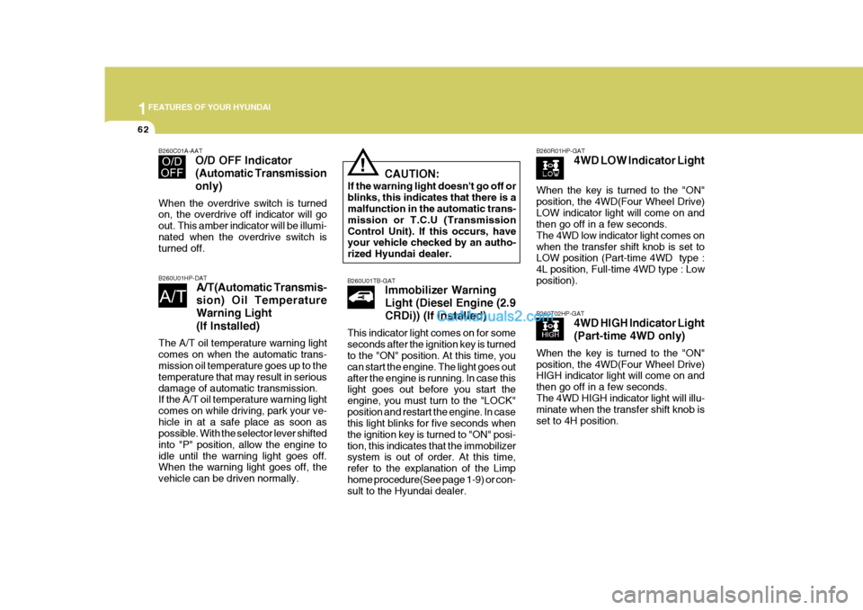 Hyundai Terracan 2007  Owners Manual 1FEATURES OF YOUR HYUNDAI
62
B260R01HP-GAT4WD LOW Indicator Light
When the key is turned to the "ON" position, the 4WD(Four Wheel Drive)LOW indicator light will come on and then go off in a few second