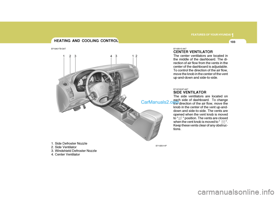 Hyundai Terracan 2006  Owners Manual 1
FEATURES OF YOUR HYUNDAI
103
B710B01S-AAT CENTER VENTILATOR The center ventilators are located in the middle of the dashboard. The di- rection of air flow from the vents in thecenter of the dashboar