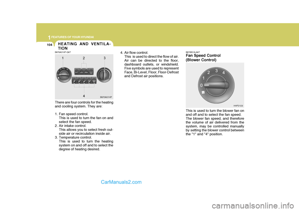 Hyundai Terracan 2006  Owners Manual 1FEATURES OF YOUR HYUNDAI
104HEATING AND VENTILA- TION
B670A01HP-GAT There are four controls for the heating and cooling system. They are: 
1. Fan speed control.
This is used to turn the fan on and se