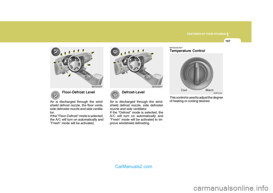 Hyundai Terracan 2006  Owners Manual 1
FEATURES OF YOUR HYUNDAI
107
Floor-Defrost Level
Air is discharged through the wind- shield defrost nozzle, the floor vents, side defroster nozzle and side ventila-tor. If the "Floor-Defrost" mode i