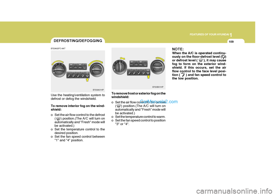 Hyundai Terracan 2006  Owners Manual 1
FEATURES OF YOUR HYUNDAI
109DEFROSTING/DEFOGGING
B720A02FC-AAT Use the heating/ventilation system to defrost or defog the windshield. To remove interior fog on the wind- shield: 
o Set the air flow 