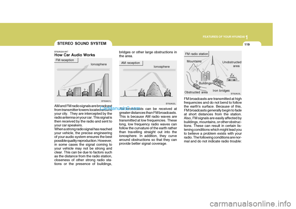 Hyundai Terracan 2006 Owners Manual 1
FEATURES OF YOUR HYUNDAI
119STEREO SOUND SYSTEM
B750A02A-AAT How Car Audio Works AM and FM radio signals are broadcast from transmitter towers located around your city. They are intercepted by the Hyundai Terracan 2006 Owners Manual 1
FEATURES OF YOUR HYUNDAI
119STEREO SOUND SYSTEM
B750A02A-AAT How Car Audio Works AM and FM radio signals are broadcast from transmitter towers located around your city. They are intercepted by the