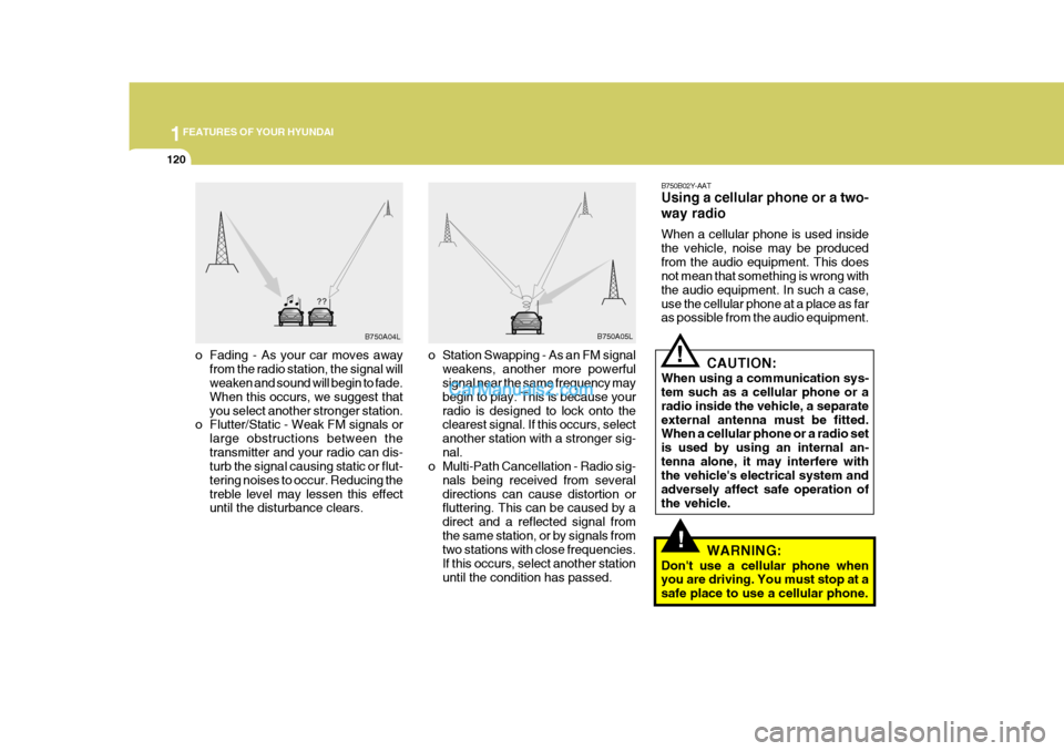Hyundai Terracan 2006 Owners Manual 1FEATURES OF YOUR HYUNDAI
120
o Fading - As your car moves away
from the radio station, the signal will weaken and sound will begin to fade. When this occurs, we suggest thatyou select another stronge Hyundai Terracan 2006 Owners Manual 1FEATURES OF YOUR HYUNDAI
120
o Fading - As your car moves away
from the radio station, the signal will weaken and sound will begin to fade. When this occurs, we suggest thatyou select another stronge