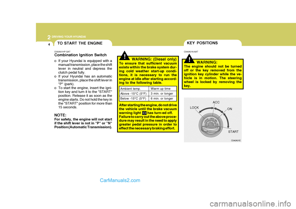 Hyundai Terracan 2006 Owners Manual 2 DRIVING YOUR HYUNDAI
4
!WARNING: (Diesel only)
To ensure that sufficient vacuum exists within the brake system dur- ing cold weather start-up condi- tions, it is necessary to run theengine at idle a Hyundai Terracan 2006 Owners Manual 2 DRIVING YOUR HYUNDAI
4
!WARNING: (Diesel only)
To ensure that sufficient vacuum exists within the brake system dur- ing cold weather start-up condi- tions, it is necessary to run theengine at idle a
